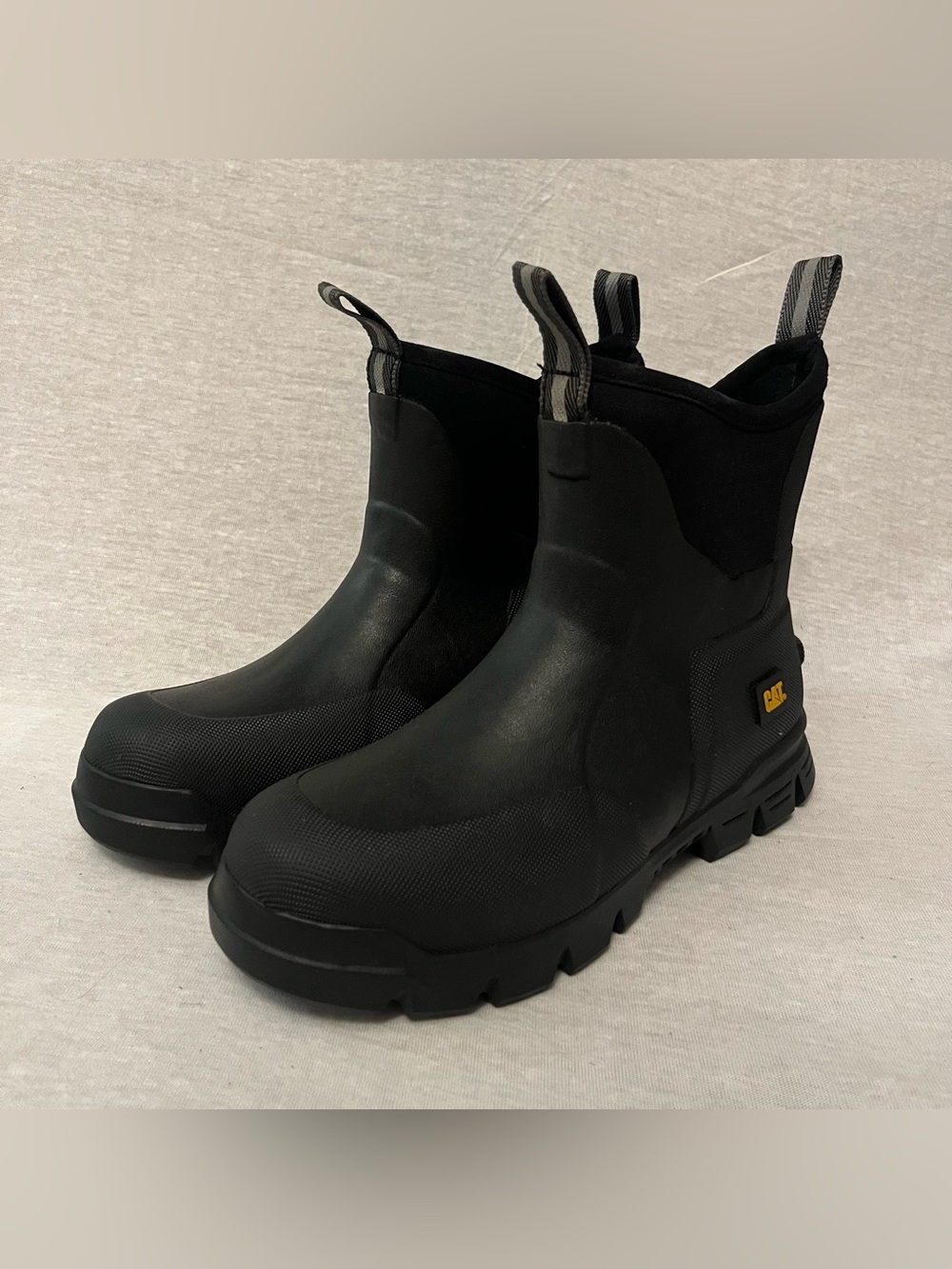 CAT Stormers 6" Black Rubber Slip-On Work Boots Soft Toe